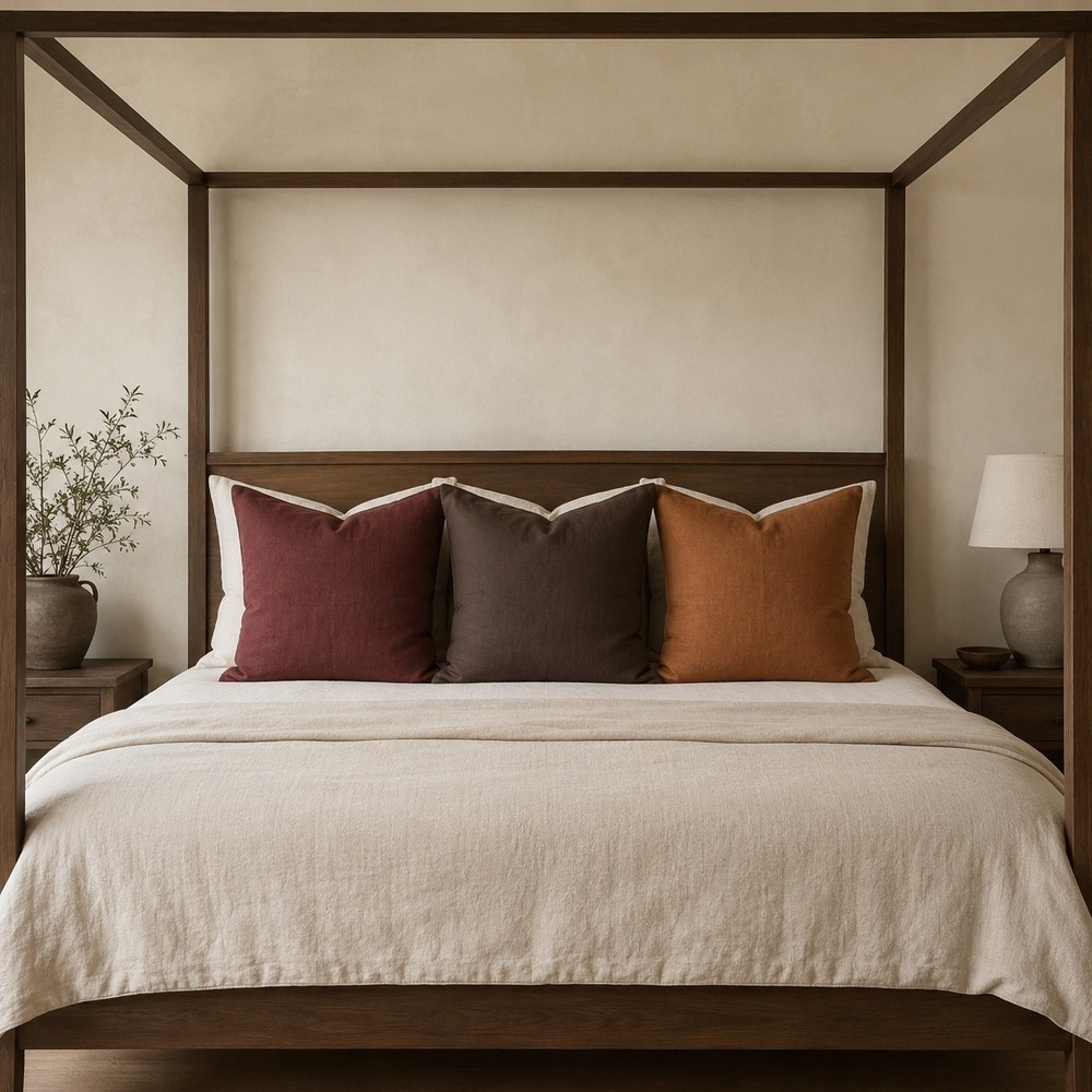 Quince European Linen Euro Sham Pillowcase Set of 3 Burgundy Brown Orange NTW